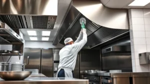 Professional commercial kitchen cleaning with industrial equipment, stainless steel surfaces, deep cleaning of exhaust hood systems, food-safe sanitization in progress, modern restaurant kitchen environment
