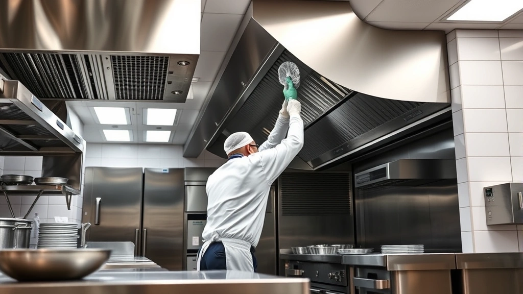 Professional commercial kitchen cleaning with industrial equipment, stainless steel surfaces, deep cleaning of exhaust hood systems, food-safe sanitization in progress, modern restaurant kitchen environment