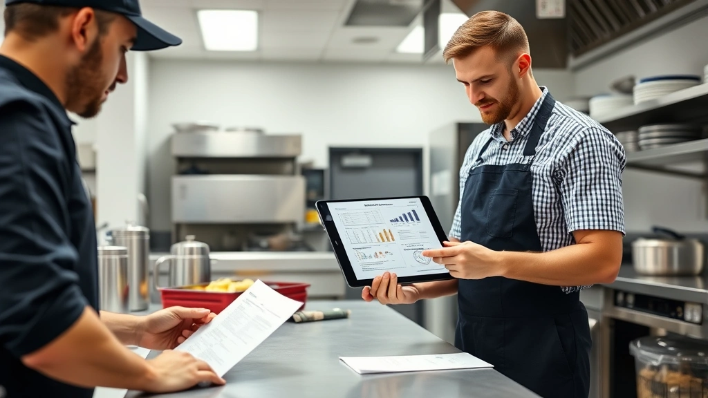 Restaurant manager reviewing cleaning documentation on tablet computer with service technician, professional business meeting in clean commercial kitchen, compliance checklist and reporting system visible