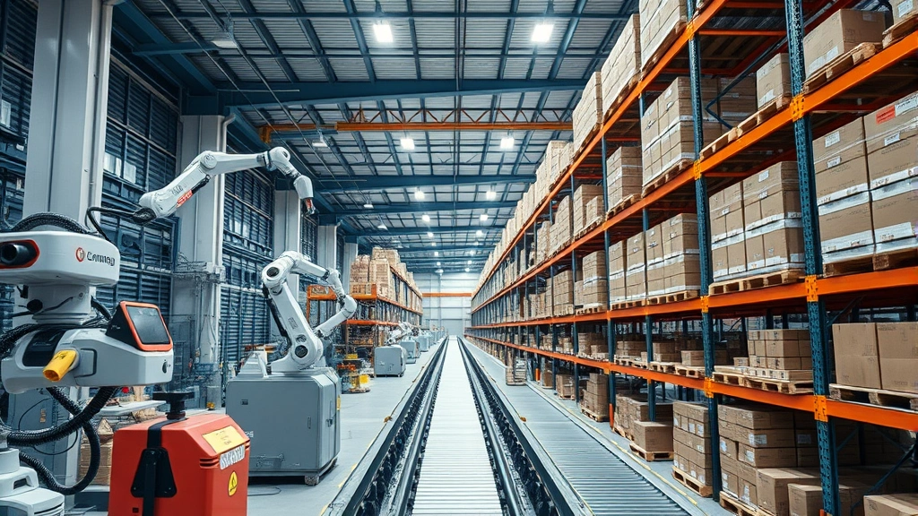Busy modern warehouse facility with advanced robotic automation systems, conveyor belts, and organized inventory shelving during daytime, photorealistic professional setting
