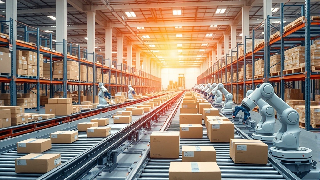 Modern warehouse with robotic systems processing packages on conveyor belts during daytime operations, high-tech logistics environment