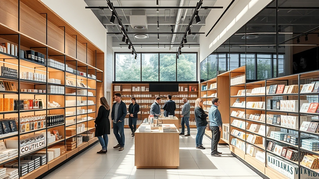 Retail store interior with modern shelving displays and customers browsing products with natural lighting, contemporary retail environment