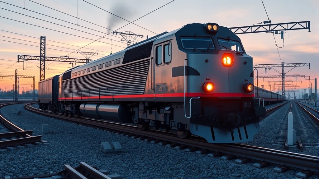 Professional freight train locomotive on modern rail infrastructure at dawn, sleek metallic design, digital connectivity visualization, no text, photorealistic corporate environment