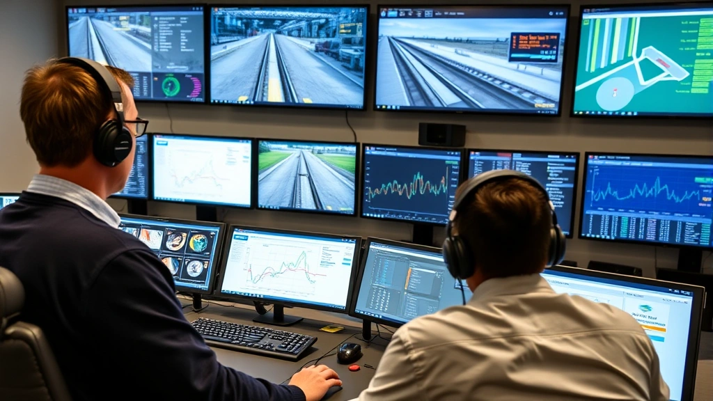 Control room with multiple monitors displaying real-time logistics data, operators managing rail operations, digital dashboards with analytics, modern technology setup, no visible text on screens