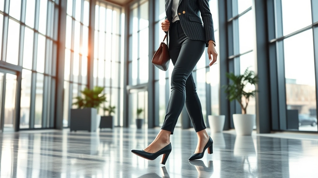 Professional business woman wearing elegant Rieker comfort shoes walking confidently in modern corporate office lobby with glass and steel architecture, natural daylight streaming through windows, composed and comfortable expression