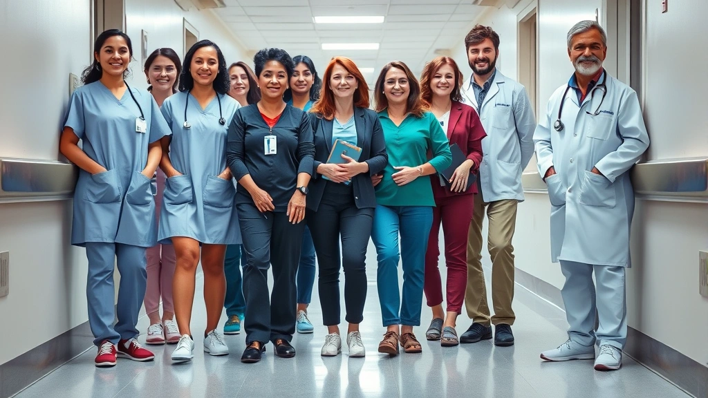 Diverse group of healthcare professionals including nurse, physical therapist, and doctor wearing Rieker shoes during shift, standing in hospital corridor with medical equipment visible, focused and energetic despite long workday