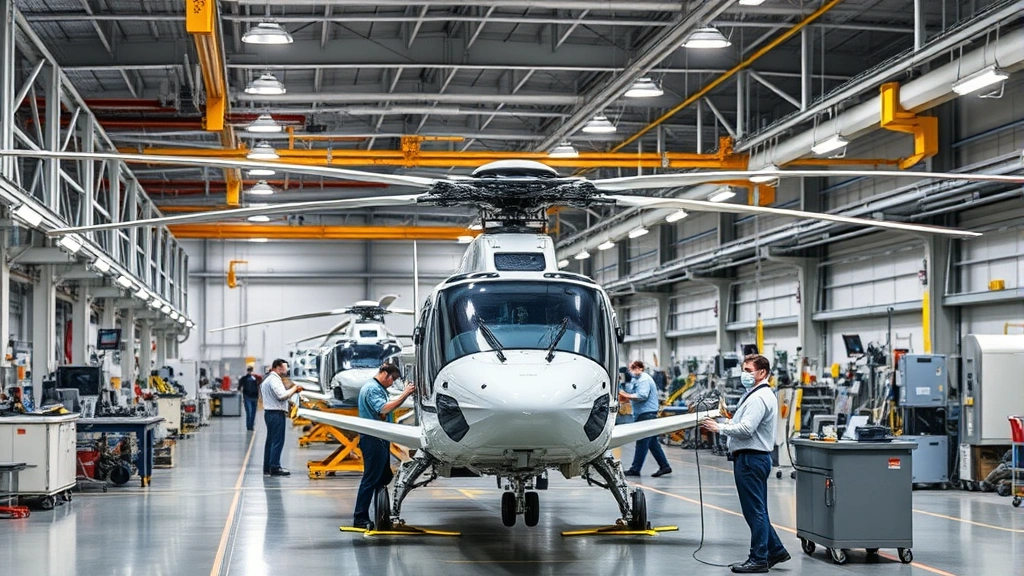Professional aerospace manufacturing facility with precision equipment, engineers and technicians working on helicopter assembly line, bright industrial lighting, quality control checkpoints visible, modern factory environment