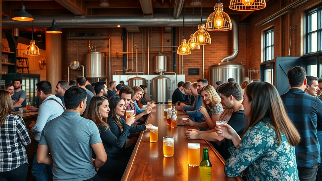Bustling craft brewery taproom with diverse customers enjoying beer at wooden bar counter, warm amber lighting, brewery equipment visible in background through glass partition, authentic community gathering space with engaged patrons