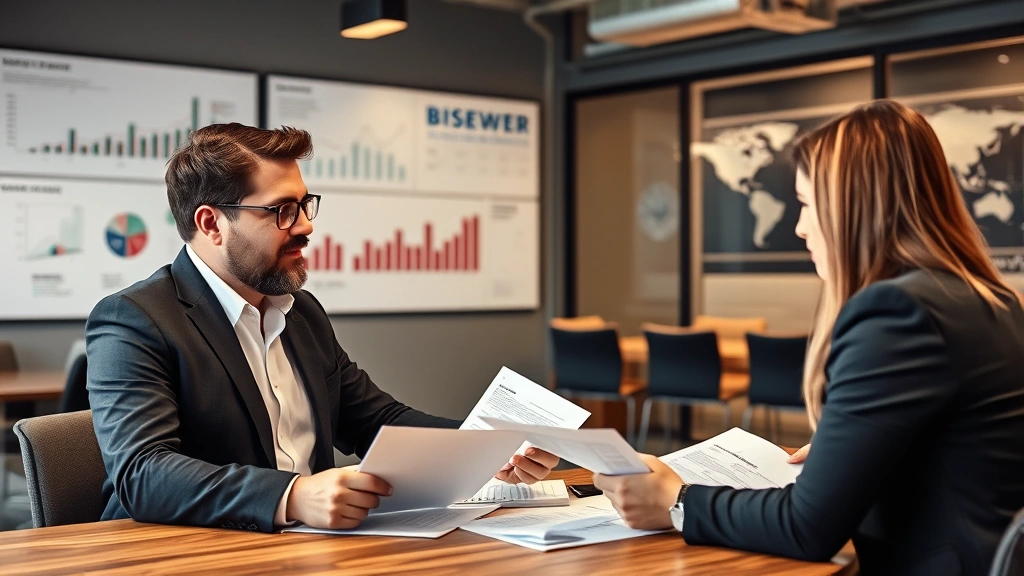 Brewery co-founder conducting professional business meeting in modern office space with financial charts and market analysis visible on walls, reviewing growth strategy documents, confident and strategic demeanor, contemporary business environment