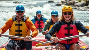 Professional male and female whitewater rafting guides in safety gear confidently navigating turbulent river rapids with clients in background, natural sunlight, action-focused composition