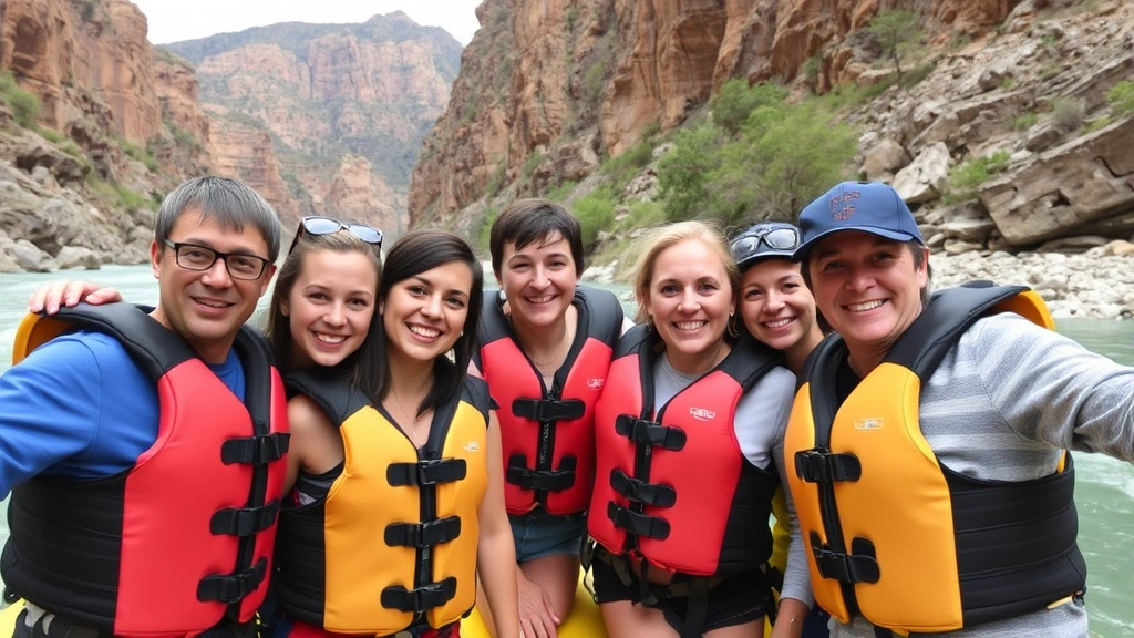 Team of diverse adventure tourists in life jackets celebrating success after completing challenging whitewater expedition, genuine smiles, scenic river canyon backdrop, authentic outdoor setting