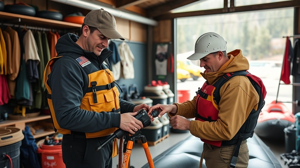 Experienced river guide performing safety equipment check and maintenance in riverside facility, professional outdoor recreation center, organized gear storage, focused attention to detail