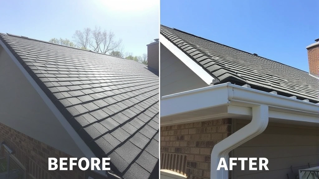 Before and after comparison of residential roof cleaning showing bright clean shingles and clear gutters after professional service completion in daylight