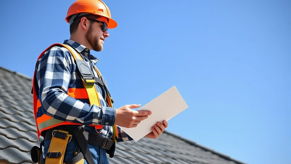 Professional roofing contractor in safety harness examining residential roof tiles in bright daylight, clipboard in hand, clear blue sky background, realistic photography