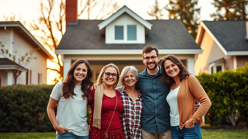 Diverse family standing in front of their house with new residential roof visible, smiling confidently, suburban neighborhood setting, golden hour sunlight, realistic lifestyle photography