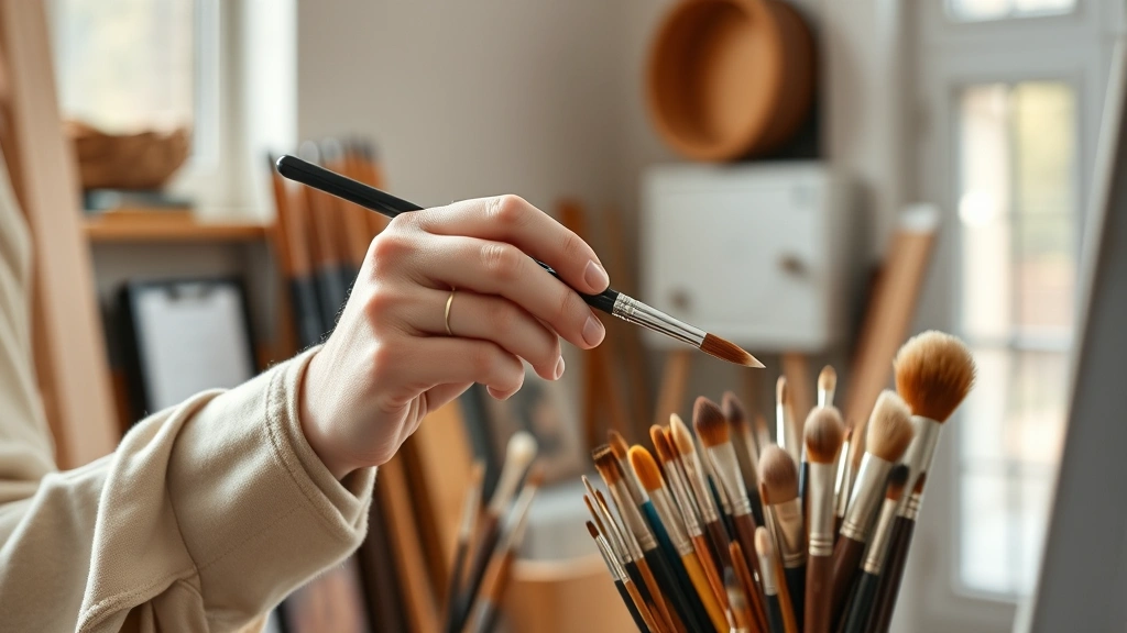 Professional artist in studio wearing neutral clothing carefully selecting premium sable brush from organized brush holder collection, natural window lighting, close-up detail on brush bristles