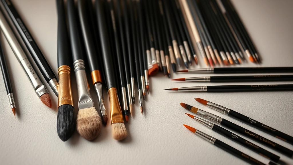 Organized display of professional art brushes in various sizes and types arranged by category on neutral surface with soft studio lighting, showing ferrule construction and bristle detail