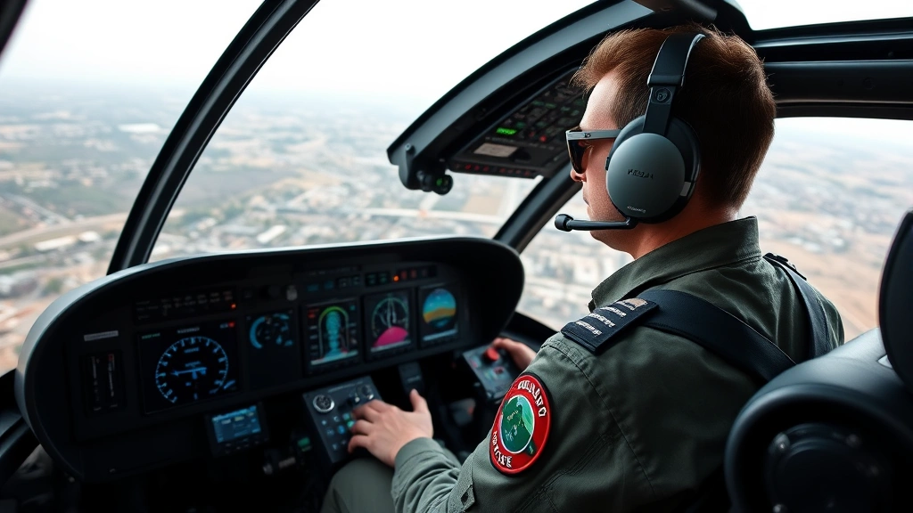 Helicopter pilot in modern cockpit with digital avionics displays and control systems, professional military or commercial aviation setting with focused concentration
