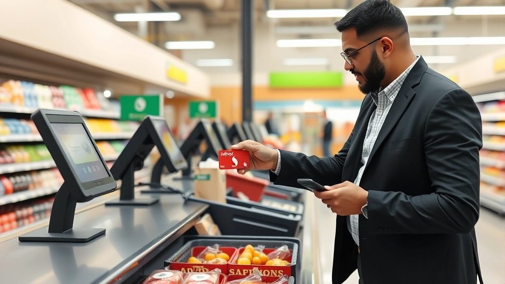 Professional customer at grocery store checkout counter using mobile wallet payment with Safeway gift card, modern bright supermarket setting with checkout terminals and neutral background