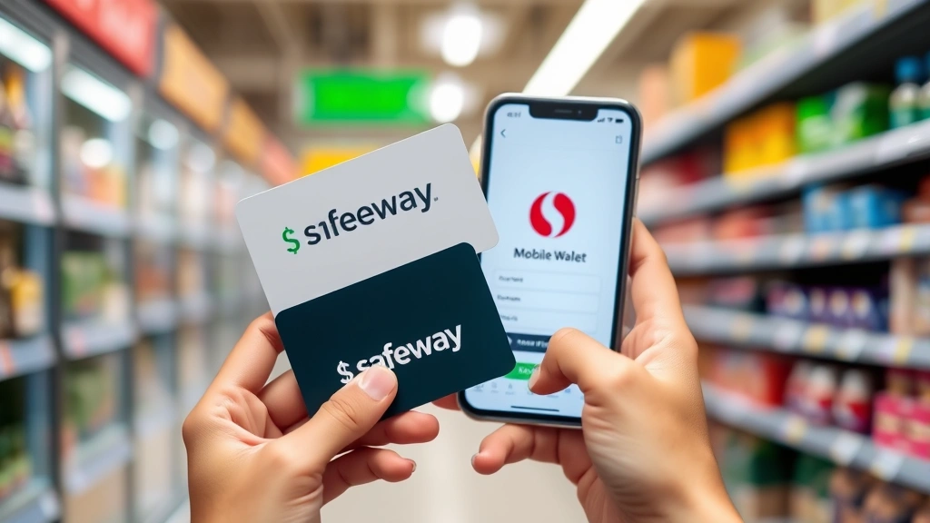 Close-up of hands holding physical Safeway gift card and smartphone displaying mobile wallet app, clean minimalist composition with blurred store shelves in background