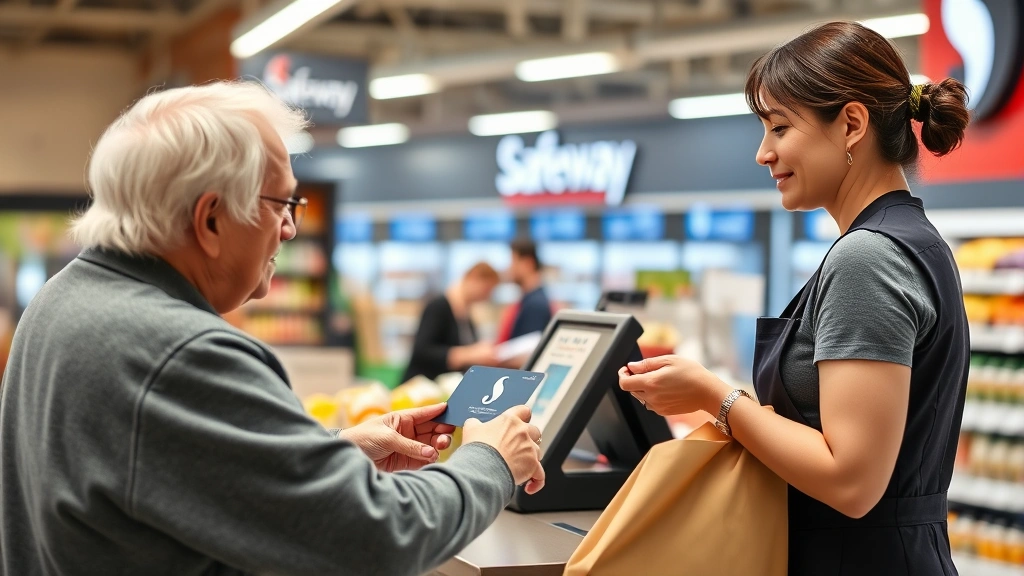 Customer service representative assisting elderly shopper with gift card balance inquiry at Safeway customer service desk, warm helpful interaction with contemporary store environment