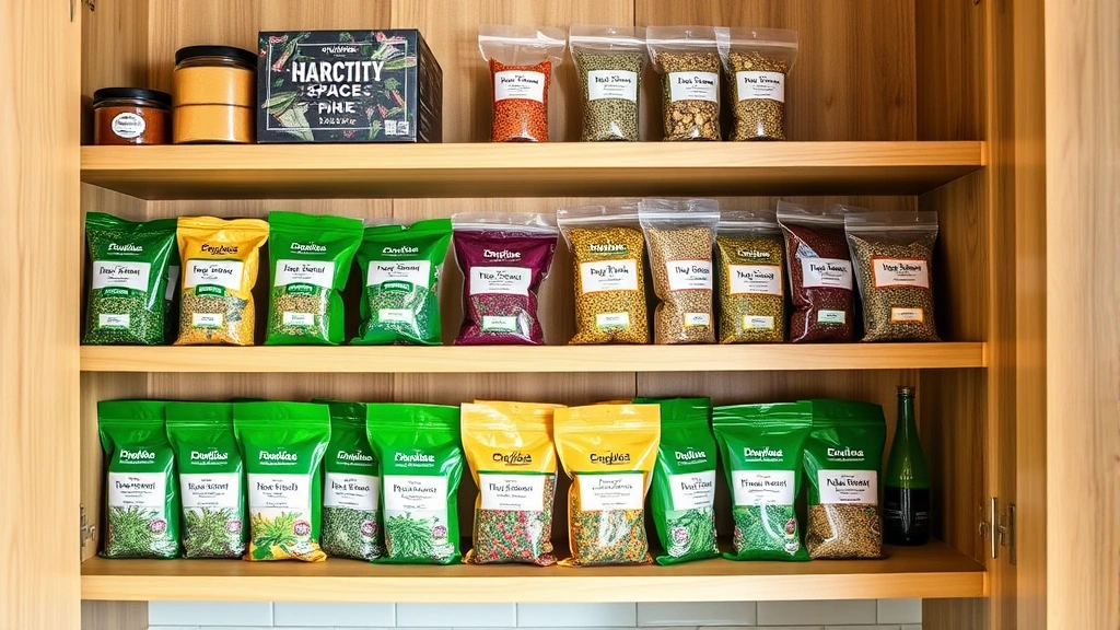 Professional herb and spice packaging displayed on wooden shelves in modern kitchen pantry, vibrant colors of dried herbs visible, natural lighting
