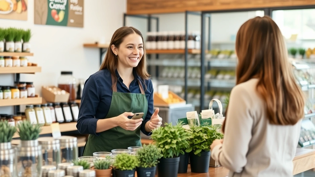 Customer service representative assisting client at specialty food supply counter, discussing herb containers, professional business environment