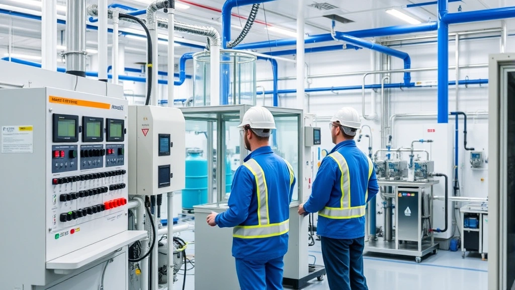 Professional water treatment facility with modern equipment, technicians in safety gear monitoring control panels, advanced laboratory environment with precision instruments, clean industrial setting with blue and white color scheme, daytime photography