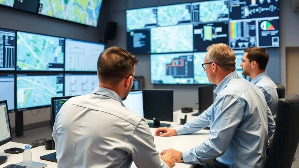 Team of utility engineers reviewing infrastructure maps and monitoring systems in operations center, multiple computer screens displaying real-time data, professional business environment, collaborative workplace setting, modern utility control room