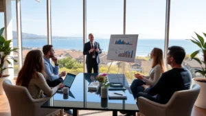Professional branding strategist presenting market analysis and competitive positioning insights to executive team in modern Santa Barbara office environment with coastal views