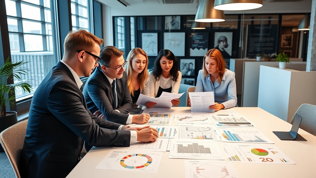 Professional branding team collaborating on strategic positioning in modern office setting with design materials, market research documents, and competitive analysis frameworks visible