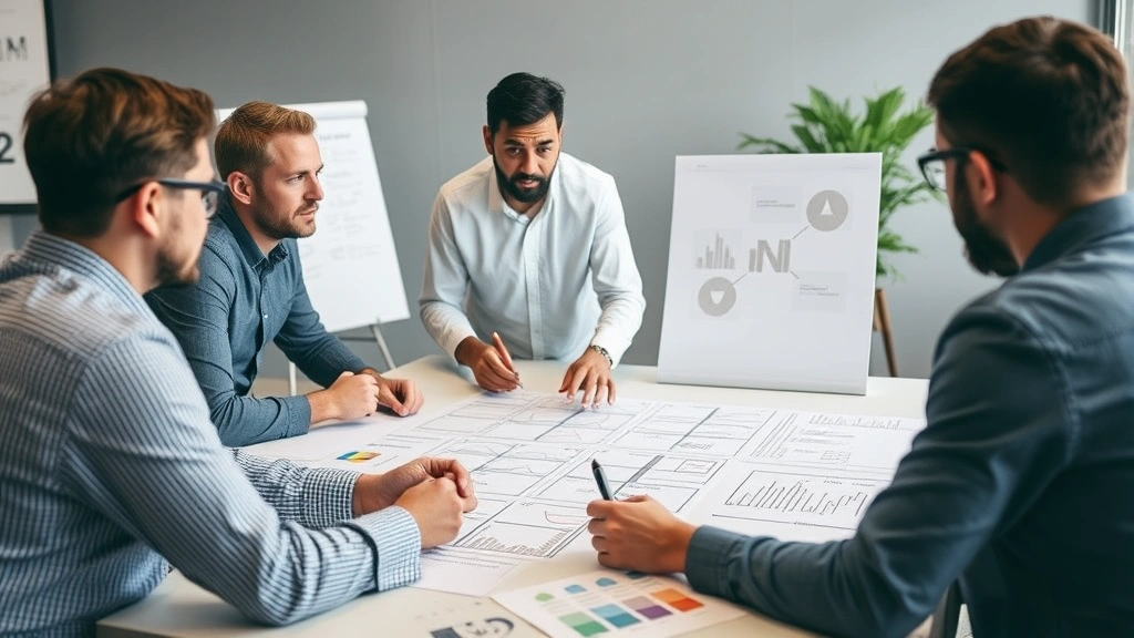 Brand strategy workshop with diverse team members reviewing market research and competitive positioning frameworks on collaborative workspace with design sketches and brand guidelines