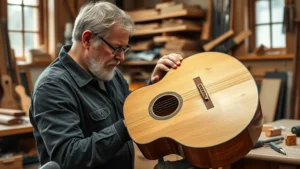 Master luthier in workshop carefully shaping acoustic guitar body using hand tools, wood shavings visible, focused expression, natural lighting from workshop windows, premium tonewoods and tools visible