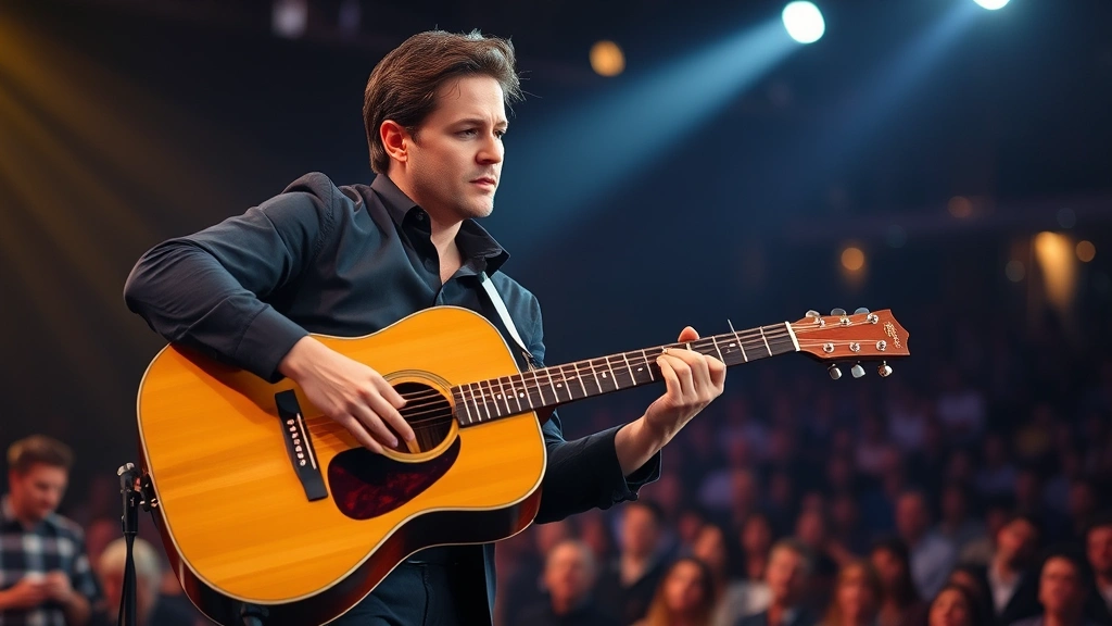 Professional musician performing on stage with acoustic guitar, focused expression during performance, concert lighting, audience blurred in background, instrument clearly visible showing craftsmanship