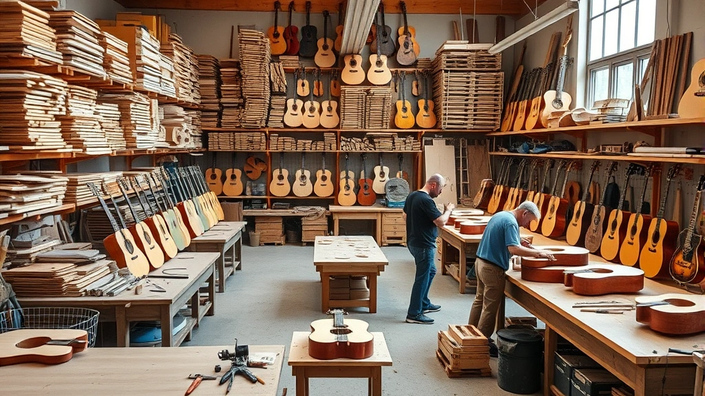 Organized woodworking workshop interior with organized tonewood storage, acoustic guitars at various stages of construction, hand tools on workbenches, natural daylight, multiple craftspeople working on instruments