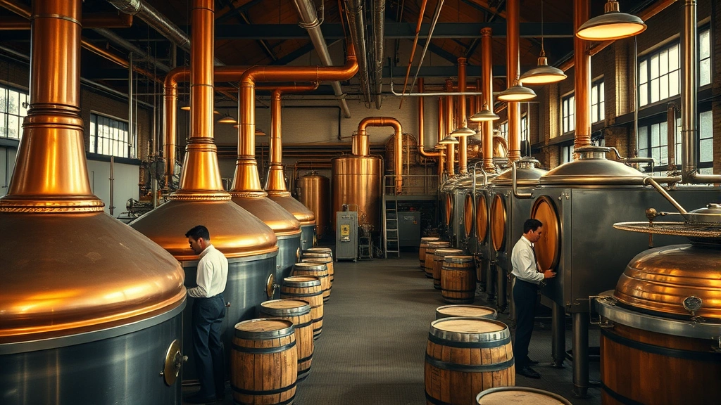 Vintage 1950s brewery interior with copper brewing vats, wooden barrels, and industrial equipment. Professional workers in period attire operating traditional brewing machinery. Golden lighting highlighting the craftsmanship and scale of mid-century American industrial beer production.