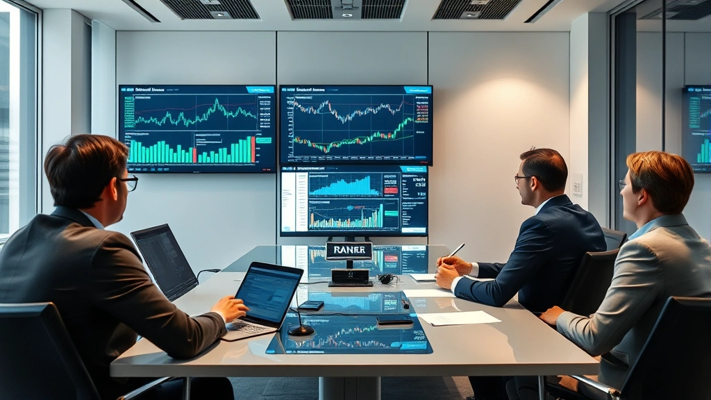 Modern corporate conference room with business executives reviewing market data and financial charts on screens. Professional atmosphere showing strategic planning and competitive analysis. Neutral corporate setting emphasizing analytical decision-making and business intelligence.