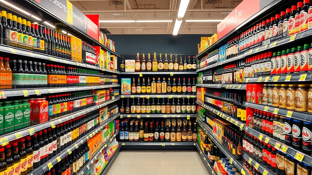 Supermarket beer aisle displaying multiple competing brand selections spanning several shelves. Diverse product packaging and branding visible. Well-lit retail environment showing modern market fragmentation and consumer choice landscape.