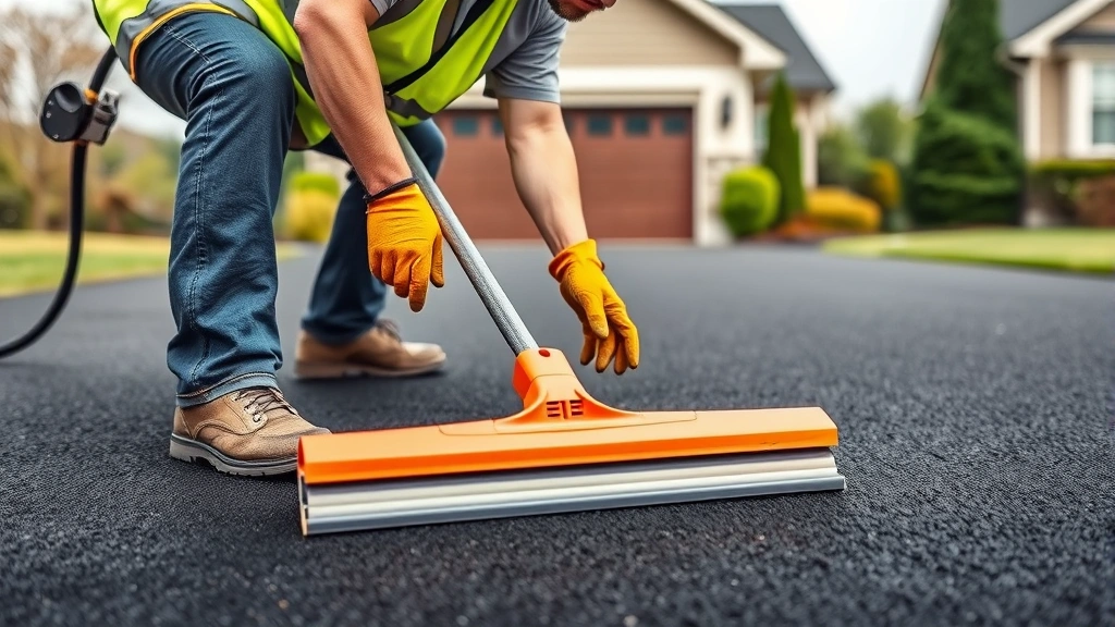 Professional asphalt contractor in safety vest and work gloves applying dark sealcoat to residential driveway with precision squeegee tool, showing proper technique and uniform application