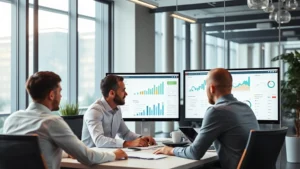 Professional business team analyzing SEO metrics on computer screens in modern Phoenix office setting, data visualizations visible on monitors, collaborative workspace environment