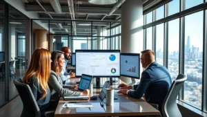 Professional Denver office environment with diverse business team collaborating around digital marketing strategy session, modern workspace with computer monitors displaying analytics dashboards, natural light from floor-to-ceiling windows overlooking city skyline, contemporary business casual attire, focused discussion atmosphere