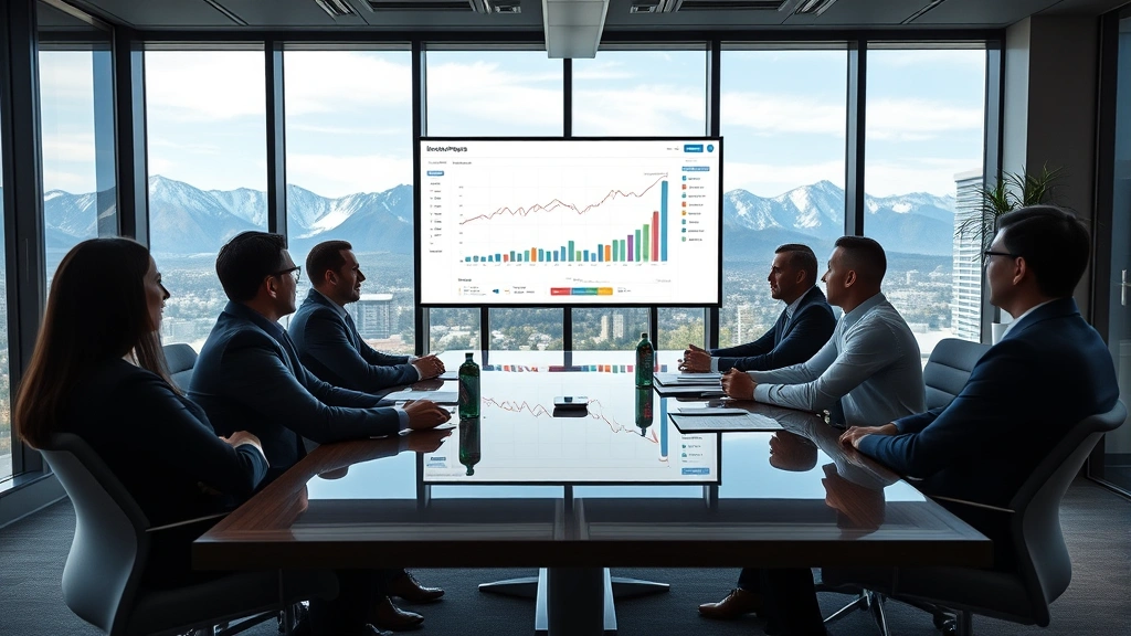 Corporate strategy meeting in upscale Denver conference room, business executives reviewing performance metrics on large display screen, data visualization showing growth charts and analytics, professional presentation environment, collaborative discussion between colleagues, modern office design with mountain views