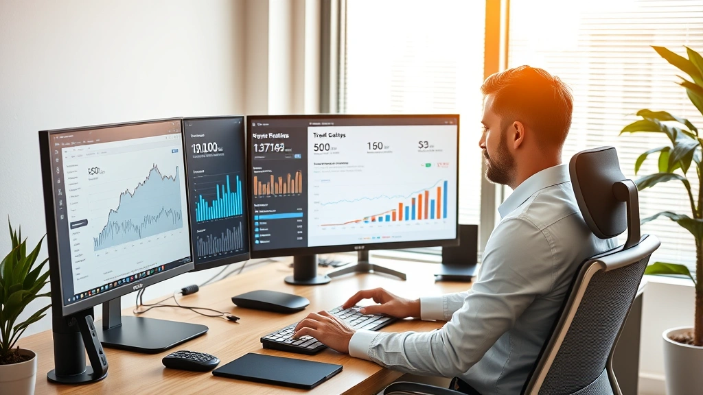 Digital marketing professional working at modern desk with multiple computer monitors displaying SEO analytics, keyword rankings, and traffic reports, professional business environment, focused work session, contemporary office technology setup, natural lighting, success metrics visible on screens