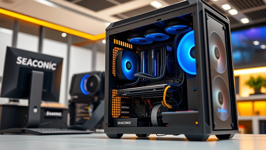 Professional workstation setup with Seasonic power supply installed in modular case showing cable management and cooling systems, high-end gaming computer components visible, clean corporate office environment with warm lighting
