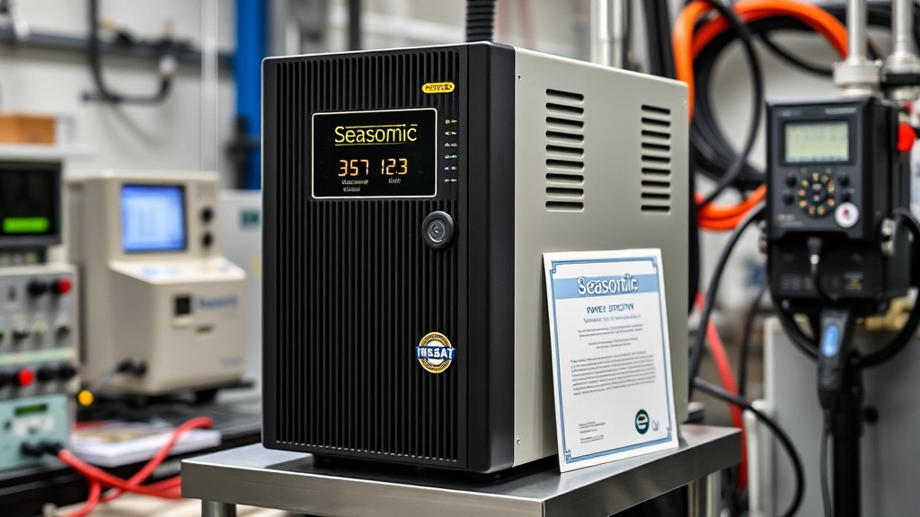 Seasonic power supply unit displayed with certification badges and warranty documentation, professional laboratory testing environment, precision measuring equipment nearby, quality assurance facility background with calibrated instruments