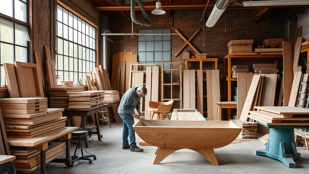 Sustainable furniture maker's workshop in industrial Seattle neighborhood showing craftsman working at wooden furniture piece, natural wood materials stacked nearby, reclaimed wood elements visible, natural lighting from large windows, artisan craftsmanship in progress