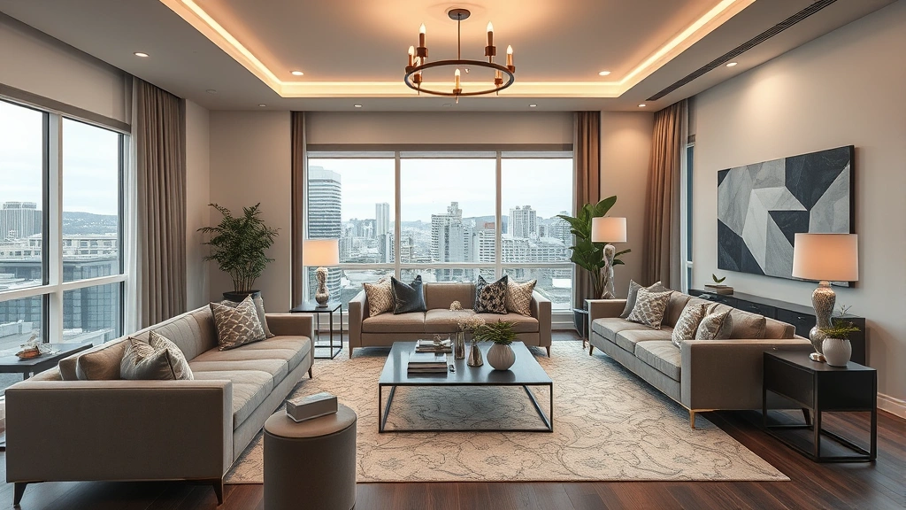 Upscale Seattle residential living room with professionally designed furniture arrangement, modern sectional sofa, designer lighting fixtures, carefully curated accessories, large windows with city views, sophisticated interior design execution demonstrating professional consultation results