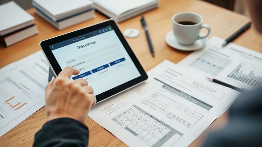 Close-up of hands reviewing insurance policy documents and claim forms on desk with tablet showing digital insurance portal, coffee cup nearby, organized workspace with organized paperwork, business professional environment showing policy management
