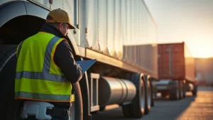 Professional truck driver in safety vest conducting pre-trip inspection of commercial semi-truck, checking tires and cargo securing equipment, morning light at logistics terminal