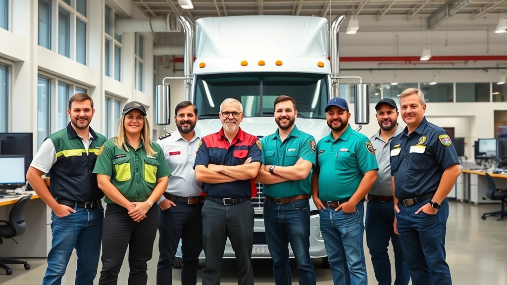 Diverse group of truck drivers standing together at fleet dispatch center with modern office setting, wearing company uniforms, showing camaraderie and professionalism